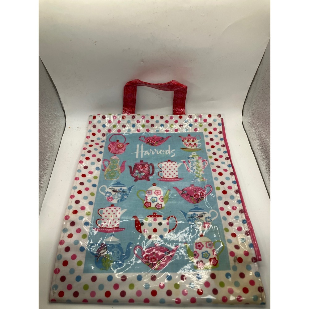 Harrods London Teapots Shopping Bag Tote Polka Dots Reusable‎